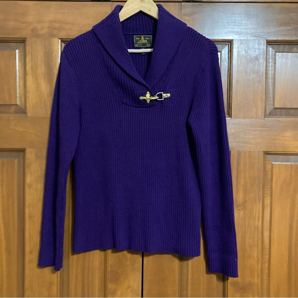 Ralph Lauren Purple ribbed knit shawl collar Sweater with gold Buckle large